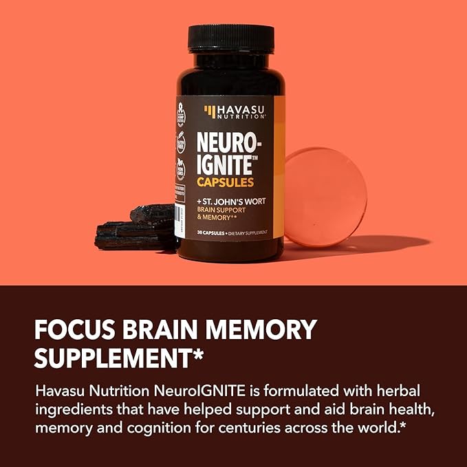 NeuroIgnite Brain Supplements for Memory and Focus Support with St Johns Wort & Ginkgo Biloba - Nootropics Brain Support Supplement - Cognitive & Memory Supplement for Brain Health - 1 Month Supply