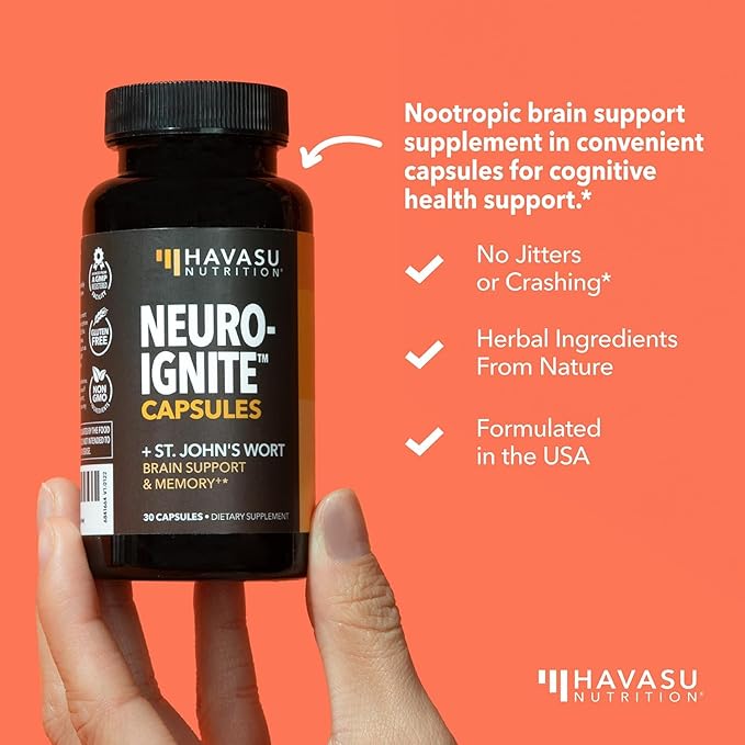 NeuroIgnite Brain Supplements for Memory and Focus Support with St Johns Wort & Ginkgo Biloba - Nootropics Brain Support Supplement - Cognitive & Memory Supplement for Brain Health - 1 Month Supply