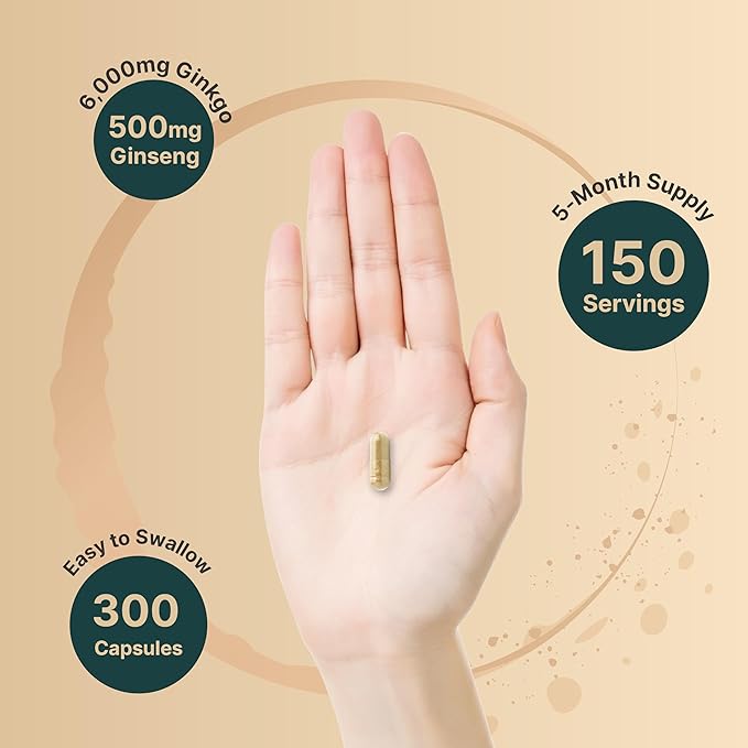 NatureBell Ginkgo Biloba 6,000mg with Panax Ginseng 500mg Per Serving | 300 Capsules – Max Strength Ginko Biloba Extract Supplements - Promotes Memory, Focus, and Brain Health