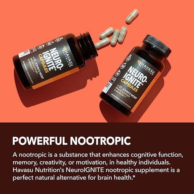 NeuroIgnite Brain Supplements for Memory and Focus Support with St Johns Wort & Ginkgo Biloba - Nootropics Brain Support Supplement - Cognitive & Memory Supplement for Brain Health - 1 Month Supply