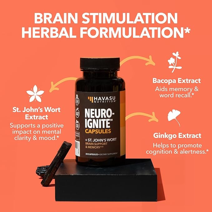 NeuroIgnite Brain Supplements for Memory and Focus Support with St Johns Wort & Ginkgo Biloba - Nootropics Brain Support Supplement - Cognitive & Memory Supplement for Brain Health - 1 Month Supply