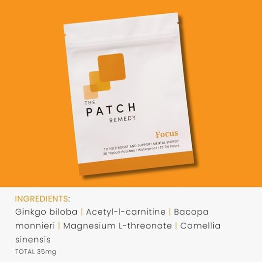 The Patch Remedy Focus Patches - Topical Focus Patch Plus Ginkgo Biloba, Acetyl-l-Carnitine, Bacopa Monnieri, Magnesium L-Threonate, & Camellia Sinensis, 30 Transdermal Patches for Adults & Kids