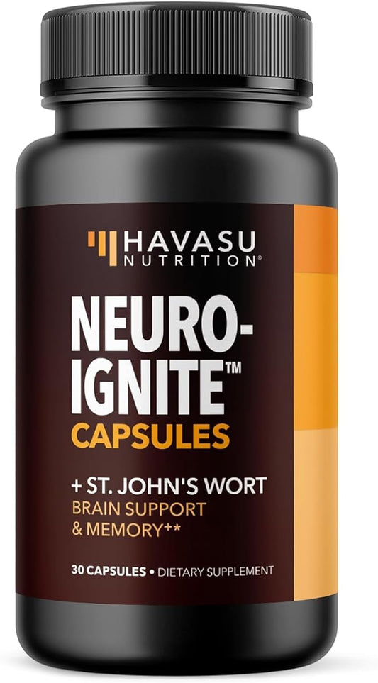 NeuroIgnite Brain Supplements for Memory and Focus Support with St Johns Wort & Ginkgo Biloba - Nootropics Brain Support Supplement - Cognitive & Memory Supplement for Brain Health - 1 Month Supply