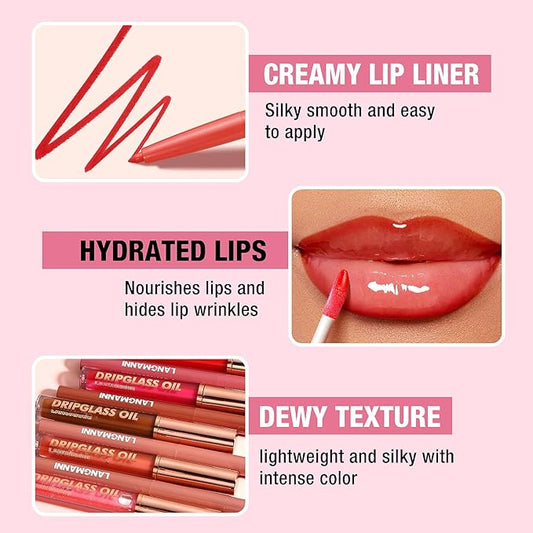 Jolilab Matte Lip Liner Lip Oil Set, Lip Makeup Set Natural Smooth Long-Lasting And Hydrating Beauty Daily Cosmetics Gift for Girls Easy-to-Use(4pcs)