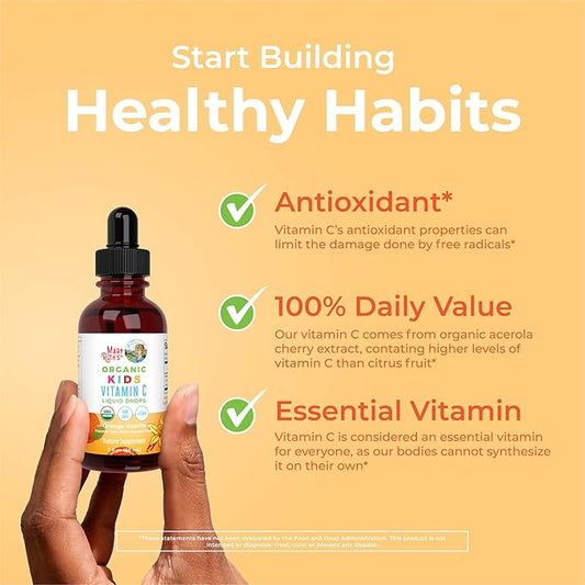 USDA Organic Kids Vitamin C Drops by MaryRuth’s | Vegan Vitamin C Immune Support Supplement for Ages 4-13 | Immune Support & Overall Health | Vitamin C from Organic Acerola Fruit Extract | 2oz