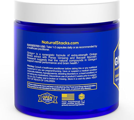 NATURAL STACKS Ginkgo Biloba Supplement with 200mg Panax Ginseng & 200mg Bacopa Monnieri - Brain Supplements for Memory and Focus - Korean Ginseng for Brain Health Support - 60 Ginkgo Biloba Capsules