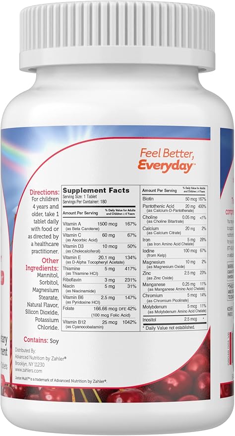 Zahler Kids Multivitamin Chewable Vitamin Tablet - Complete One Daily Kids Vitamins Supplement - Contains 20+ Minerals & Vitamins for Kids & Toddlers - Kosher Multivitamins Cherry Flavor (180)