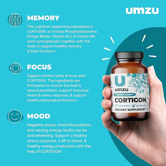 UMZU CORTIGON Cortisol Manager Supplement | Natural Stress Support Complex with Ginkgo Biloba, Phosphatidylserine, B Vitamins | Memory, Focus & Mood Aid (30 Day Supply | 60 Capsules)