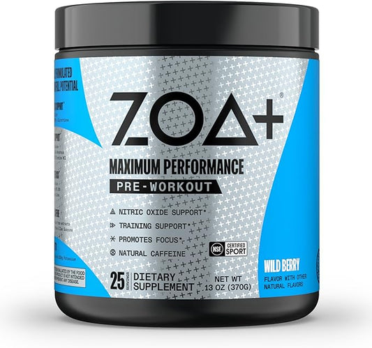 ZOA+ Zero Sugar Pre Workout Powder, Wild Berry - NSF Certified for Sport with Electrolytes, Creatine, Beta Alanine, Ginkgo Biloba, 200mg Caffeine - 25 Servings