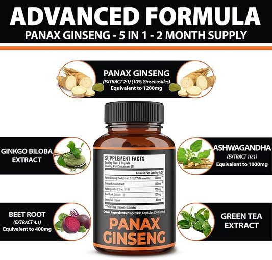 Zolotus Korean Red Panax Ginseng + Ginkgo Biloba, Ashwagandha, Beetroot, Green Tea - Support Strength, Stamina, Energy Production & Mood Balance - 120 Capsules