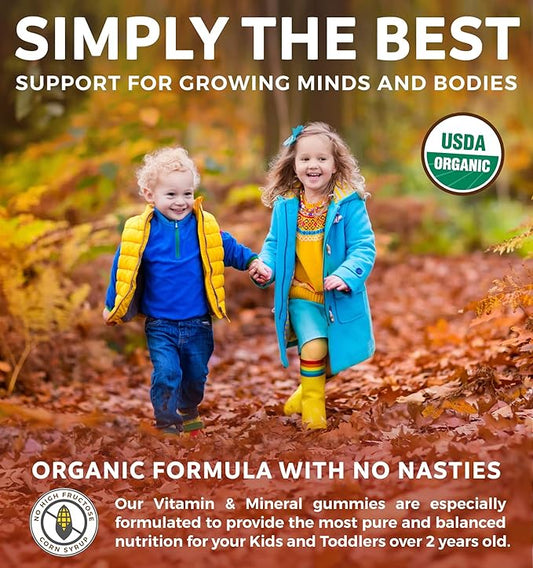 USDA Organic Kids Vitamin Gummies (Non-GMO) Yummy Natural Fruit Flavors - Complete Kids Multivitamin Gummies: Vitamin C, D, B, A, Zinc - Supplement for Energy, Mood, Immune Support - 60 Gummy Vitamins